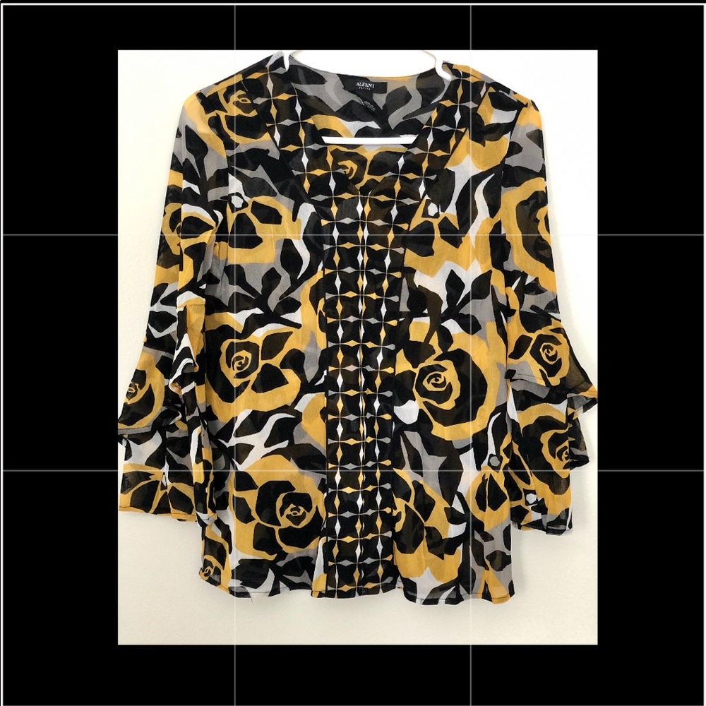 Alfani Womens Black/white/Yellow Top/Tunic M size